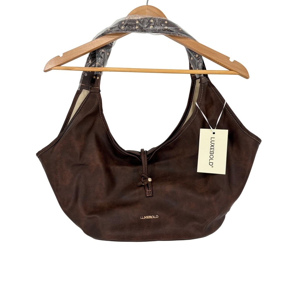 LUXEBOLD Brown Vegan Leather‎ Studded Hobo Bag & Wristlet Set Slouchy Tote NWT